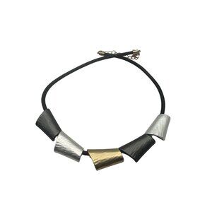 Chunky Black Gold Silver Necklace Adjustable Modern Design Leather Cord
